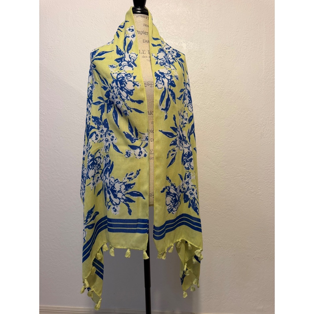 Talbots Yellow Blue Floral Tassel Trim Scarf Lightweight Wrap Shawl